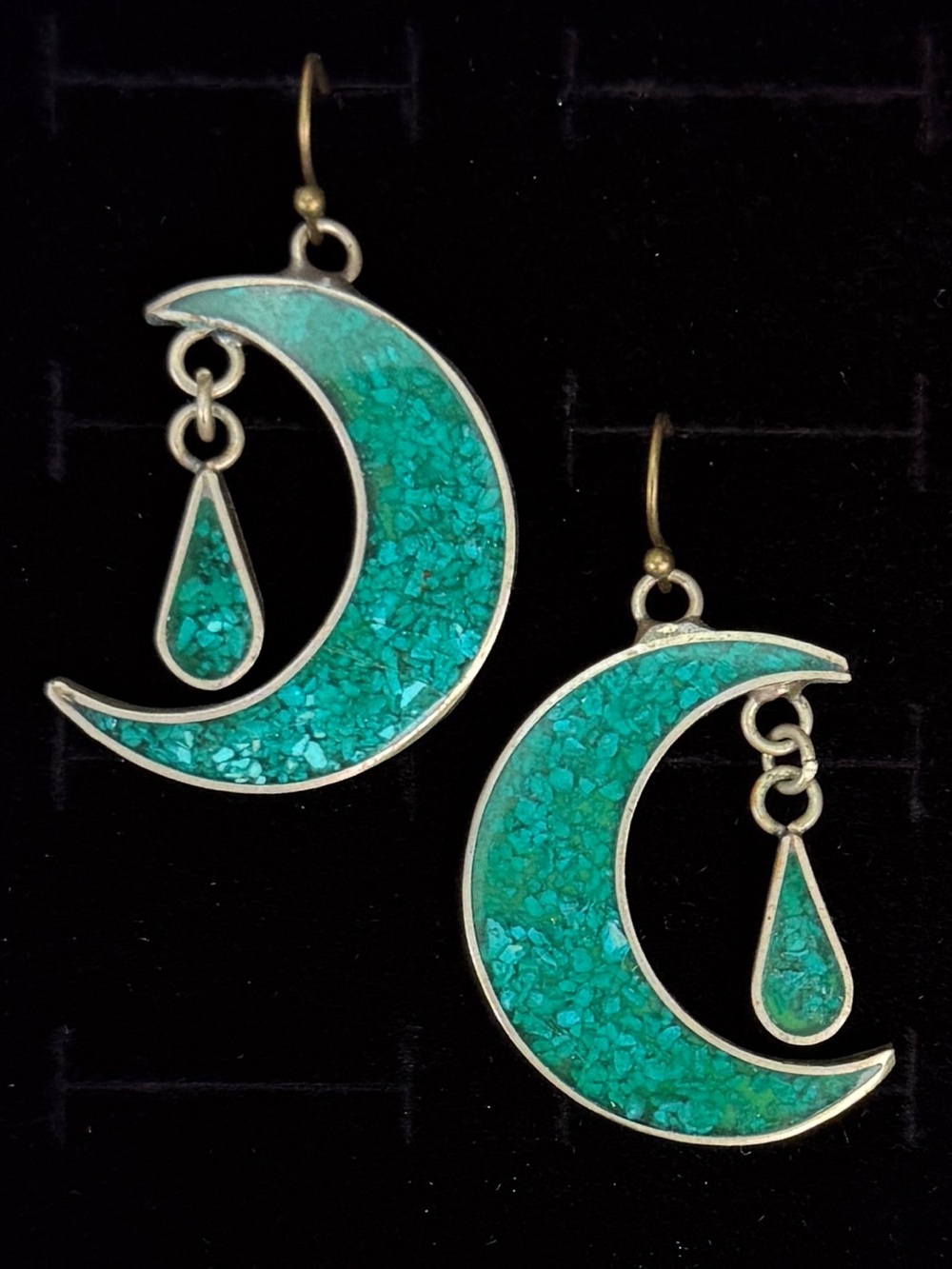 Vintage Alpaca Mexico Crescent Moon Green Inlay Pierced Dangle Earrings